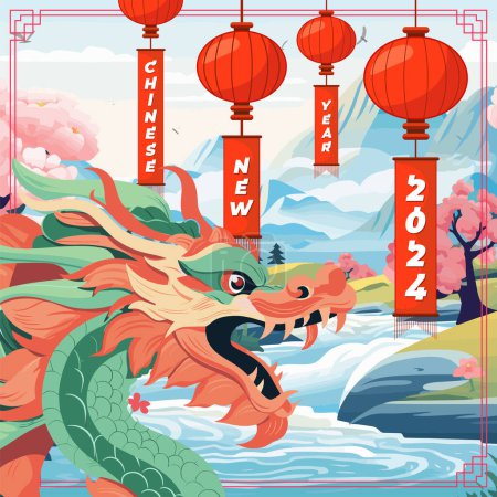中国新年2024年的横幅。中国龙黄道带着灯笼在河床上签名.亚洲节正方形海报。创意排字艺术封面。东方传统神话传说中的毒蛇