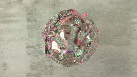 液晶球在灰水泥墙上漂浮.透明球体表面上的波浪.高质量3D插图