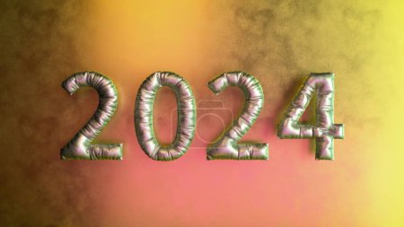 具有梦幻渐变背景的金属2024气球，非常适合节日庆祝和新年主题，3D插图