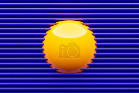3D illustration of a yellow ball peeking out from a purple wall with horizontal stripes. Cyber sphere
