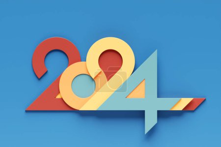 2024张新年贺卡，蓝色背景为3D现实年号。3D插图。体积大的数字2024的角度，文字的空间，新年的问候，公司的横幅