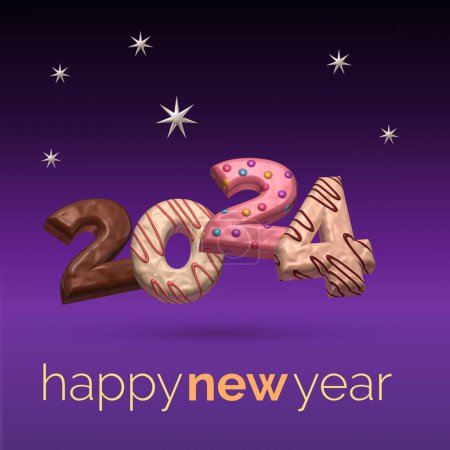 2024新年饼干，黑暗的背景与恒星，3D渲染