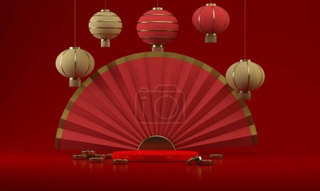 中国的新年。展示红色纸扇和灯笼背景的彩灯装饰。3d渲染