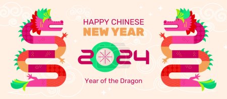 带有两只亚洲龙和文字问候语的中国新年明信片，平面几何图案的矢量图解.