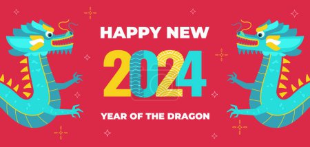 中国新年大旗，两条龙，月球占星术标志，2024年的象征，东方新年庆祝海报，平面图形，矢量图解.