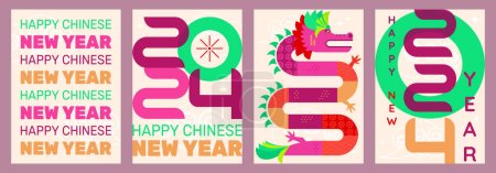 一套印有平面几何龙图解的农历新年海报，象征着中国2024年。矢量图形、印刷品、日历封面、新年庆祝装饰.