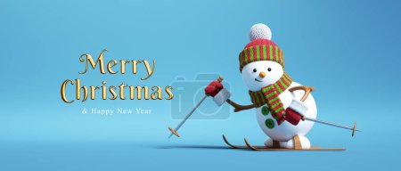 3D渲染，圣诞快乐黄金文字，卡通人物雪人滑雪，蓝色背景隔离