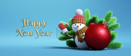 3D渲染，新年快乐金色文字，雪人玩具与绿色云杉树枝和红色玻璃球装饰隔离蓝色背景