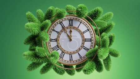 3D渲染，老式圆钟装饰绿色冷杉树枝，新年前5分钟离开。圣诞倒计时