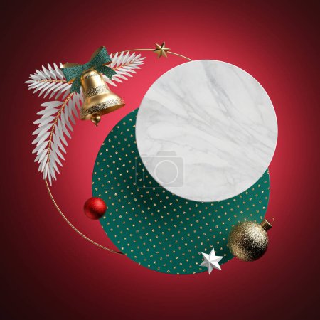 3D渲染。摘要圣诞背景。空白圆形横幅，复制空间。大理石质感，波尔卡点图案。节日装饰品，金铃，球装饰，隔离在红色。海报模板