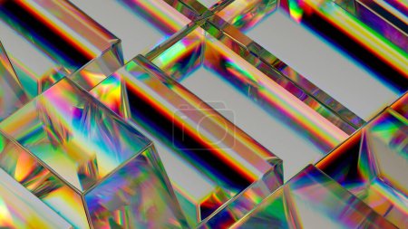 3D渲染。水晶壁纸。几何背景,结晶玻璃质感.棱镜光谱光