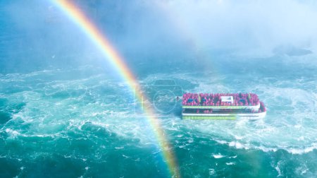 尼亚加拉瀑布。在巨大的著名瀑布附近，一艘载客的游船。从加拿大人的角度来看。阳光灿烂的日子里,彩虹在水面上飘扬.自然景观。广告照片.