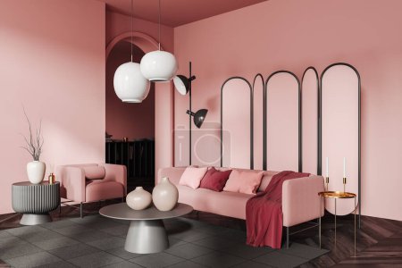粉红客厅内部有沙发和扶手椅与咖啡桌，侧看地毯在硬木地板上。舒适的家与丑闻的设计放松角落。3D渲染