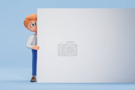 卡通人物站在蓝色背景的白色模拟墙后面.广告的概念。3d渲染