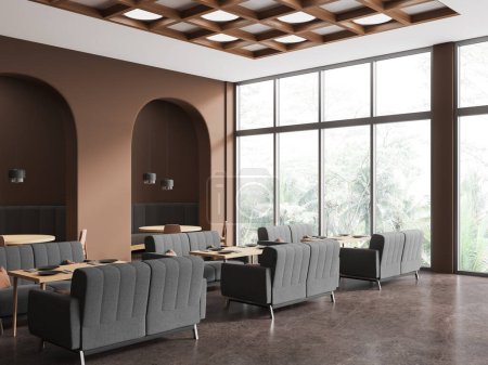 古色古香的咖啡店内部，沙发和椅子排成一排，侧观拱形墙壁和热带地区的全景窗户。舒适的餐厅，配有现代家具。3D渲染