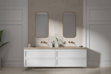 传统的白色家庭浴室内部与双水池和浮动虚荣心，镜子和沐浴配件。模压墙及米黄色混凝土地板.3D渲染