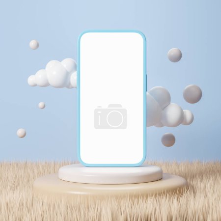 站在讲台上，站在草地上，天空中乌云密布的智能手机。广告和产品投放的概念。3d渲染