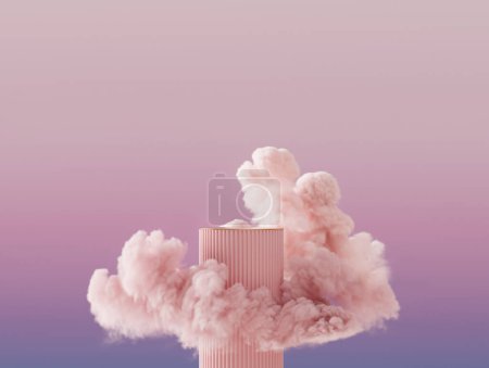 3D展示平台，粉红的背景。云彩飘扬天空概念。自然美,化妆品展示底座.明亮的3D渲染模型。横幅模板