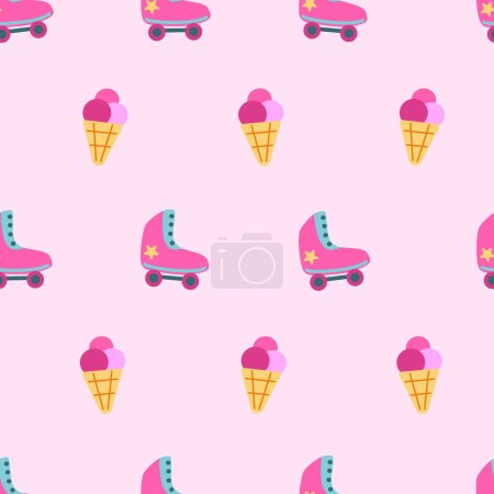 Barbiecore热粉红玩具轮滑和冰淇淋病媒无缝模式。芭比娃娃主题彩色墙纸背景