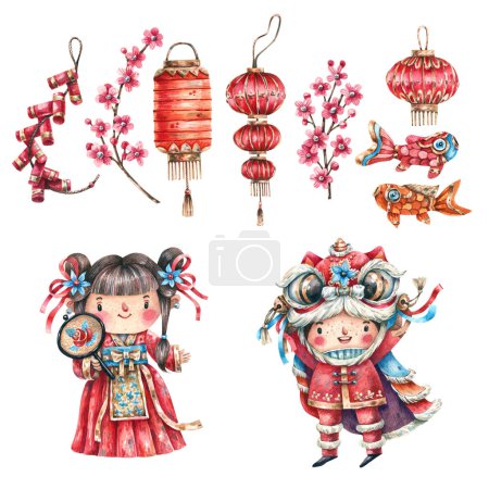 中国传统符号和汉字水彩画的卡通风格.男孩和女孩穿着中国传统服装、灯笼、花环、藏红花和用白色隔开的鲤鱼