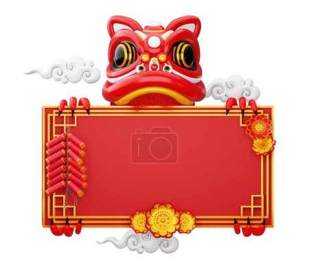 中国新年，狮舞与框架，3D渲染
