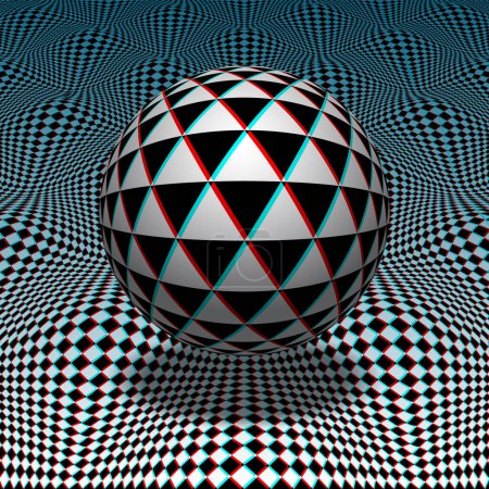三角形的球体漂浮在锯齿状的表面之上.红色青色字形的迷幻矢量光学艺术图解.
