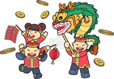手绘中国儿童舞蹈龙，并有有趣的插图孤立的背景