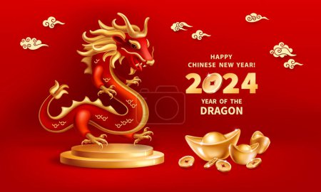 龙是2024年中国新年的象征。现实的3D形象的红龙在领奖台上与金锭元宝和硬币的红色背景。黄道带星座龙假日矢量图解