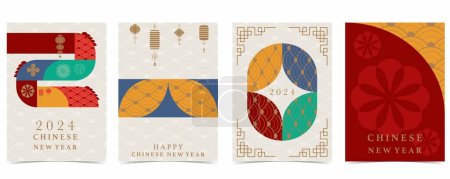 中国新年背景与灯笼，蜻蜓。明信片的可编辑矢量插图，尺寸为4