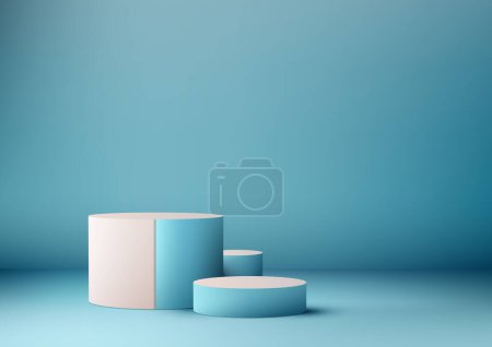 3D现实的一组空蓝色和粉红色的讲台站在蓝色背景和自然照明的现代风格。您可以使用产品展示、化妆品展示模型、展示、媒体横幅等。矢量说明